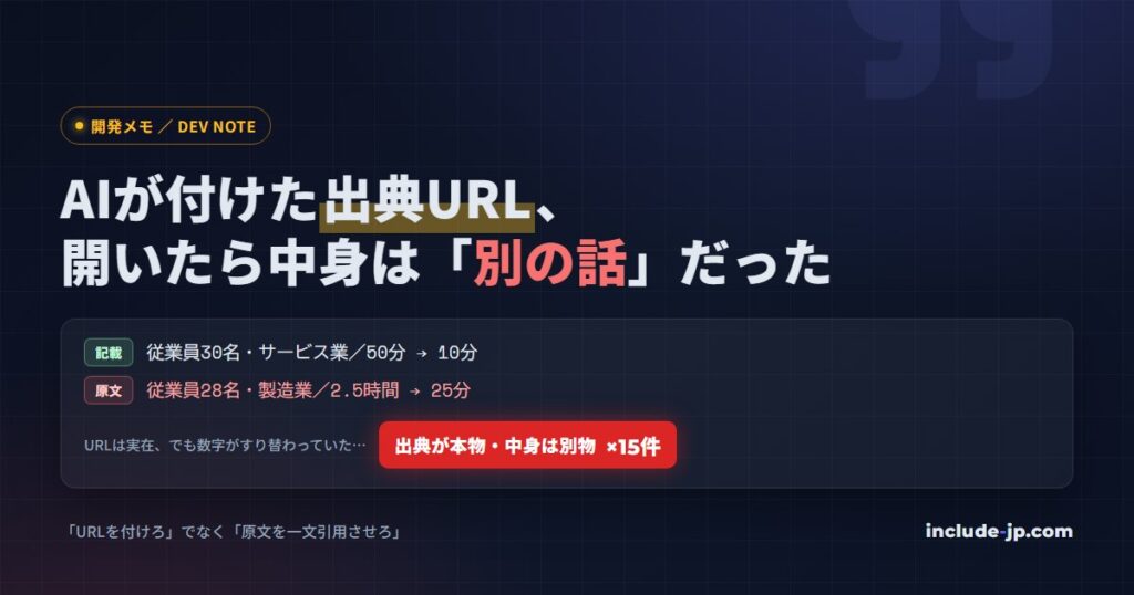 AIが付けた出典URLは実在するのに中身が別の事例にすり替わっていたことを示す図